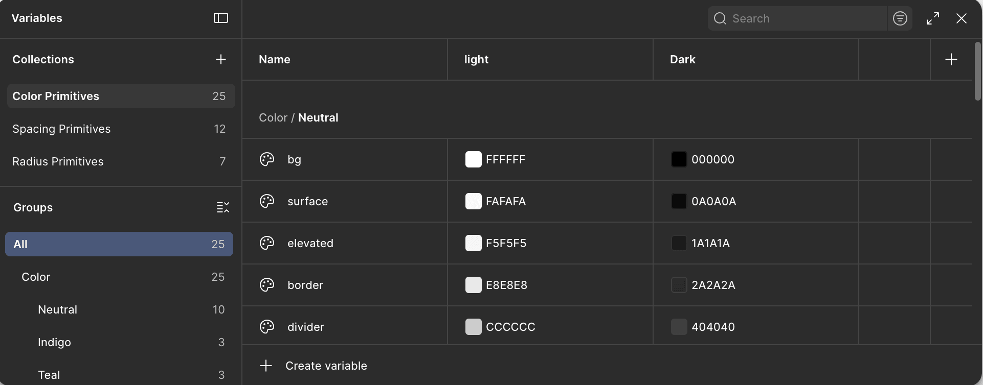 Figma variables panel showing Primitive, Semantic, and Component variable collections