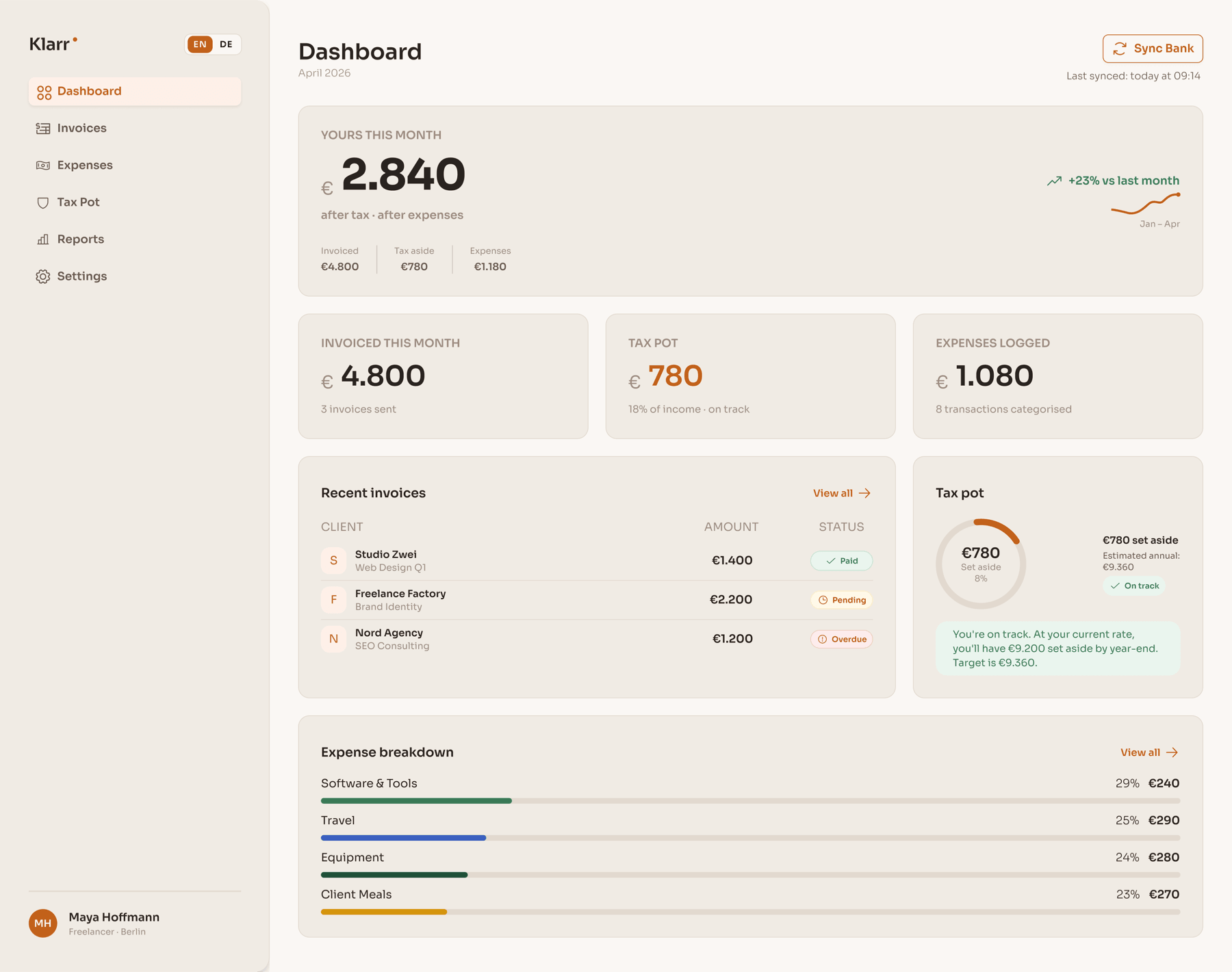 Klarr Dashboard screen