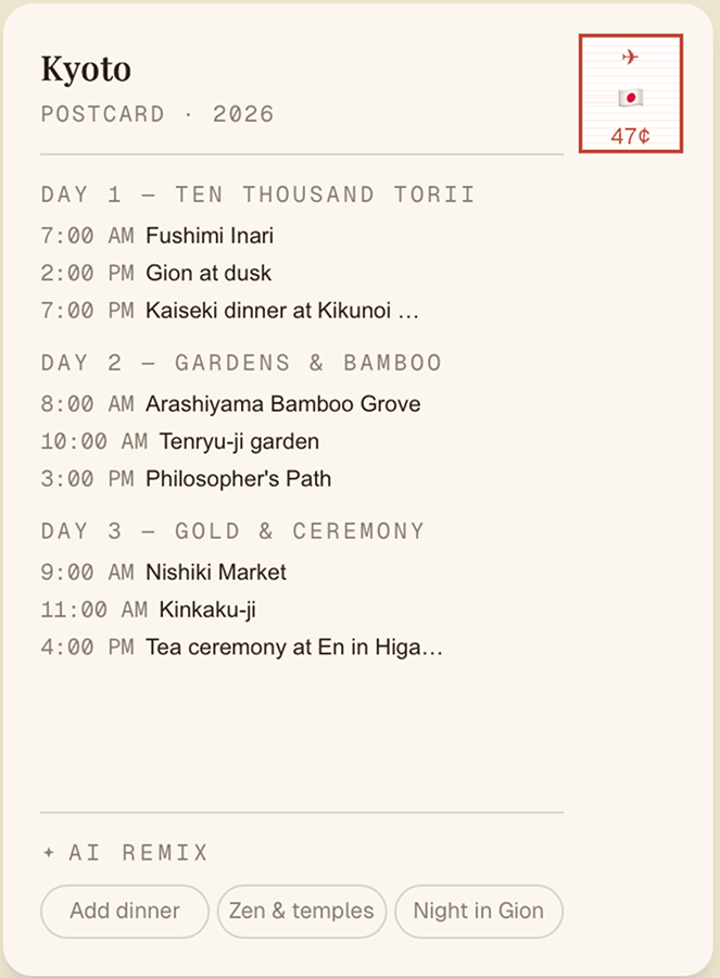 Postcard back — handwritten itinerary layout