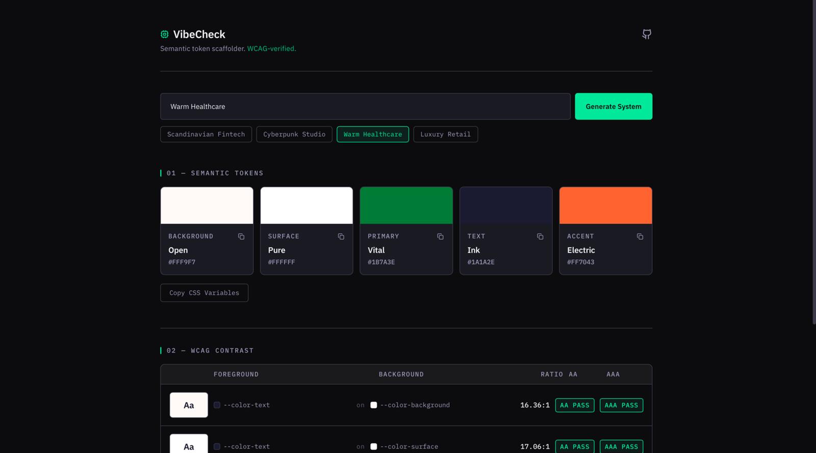 Token output panel with WCAG contrast badges
